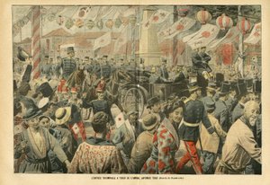 Ilustração de Eugene Damblans (1865-1945) em Le Pelerin, 05/11/05 - A entrada triunfal em Tóquio do Almirante Togo japonês - Armee, Japão, Multidão, Tóquio - Almirantes Almirantes, Togo Heihachiro (1848-1934), Civis de Eugene Damblans