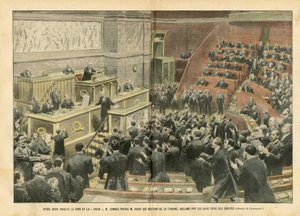 Ilustração de Eugene Damblans (1865-1945) em Le Pelerin, 06/11/04 - Depois de insultar o Papa e A Cruz, M. Combes insultou M. Ribot que desceu do pódio, aplaudido por dois terços dos deputados - Câmara de Deputados Hemiciclo, Luta, Retificação de Eugene Damblans