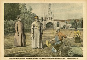 Ilustração de Eugene Damblans (1865-1945) em Le Pelerin, 20/08/05 - O Santo Padre realizando seu passeio diário nos jardins do Vaticano, não muito longe da capela erguida em honra da Virgem de Lourdes - Religião Fé, Agricultura, Vaticano, Católica de Eugene Damblans