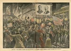 Ilustração de Eugene Damblans (1865-1945) em Le Pelerin, 20/11/04 - Em Nova Iorque, a multidão aplaude o presidente reeleito dos Estados Unidos e o vice-presidente, cuja transparência reproduz as características - America USA, Elections, Architecture Urban de Eugene Damblans