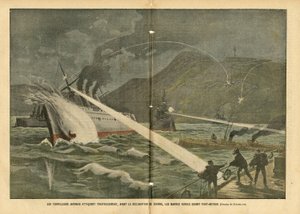Ilustração de Eugene Damblans (1865-1945) em Le Pelerin, 21/02/04 - Torpedos japoneses atacam navios russos antes da declaração de guerra antes da declaração de guerra - Rússia, Japão, Marinha de Guerra Marítima, Port Arthur, Guerra Rússia-Japão, Navios de de Eugene Damblans
