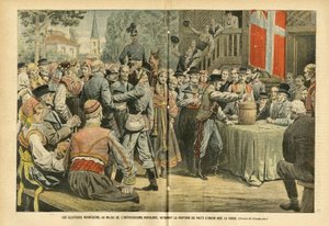 Ilustração de Eugene Damblans (1865-1945) em Le Pelerin, 27/08/05 - As eleições norueguesas, em meio ao entusiasmo popular, ratificam a quebra do pacto sindical com a Suécia - Eleições, Arquitetura Urbana, Multidão, Suécia, Noruega - Urna de Eugene Damblans