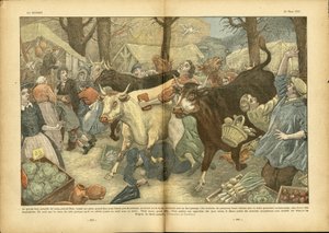 Ilustração de Eugene Damblans (1865-1945) em Le Pelerin, 28/03/37 - A grande feira anual de Lezay perto de Niort - Fatos diversos, Economia, Multidão, Lojas, Agricultura, Leguminosas - Vaca, Carne bovina, Camelot - Vendedor ambulante de Eugene Damblans