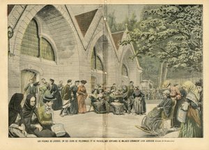 Ilustração de Eugene Damblans (1865-1945) em Le Pelerin, 28/08/04 - Nas piscinas de Lourdes, nestes dias de pelerinatos e orações, centenas de doentes pedem a sua guerra - Médica, Religião Fé, Arquitectura Urbanismo, Catolicismo de Eugene Damblans
