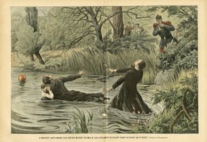 Ilustração de Eugene Damblans (1865-1945) em Le Pelerin, 30/07/05 - Em Riaucourt (Haute-Marne) dois padres morrem vítimas de sua devoção tentando salvar uma criança que foi afogada - Fatos diversos, Infância, Marítimo Náutico Balneaire, Riviere de Eugene Damblans
