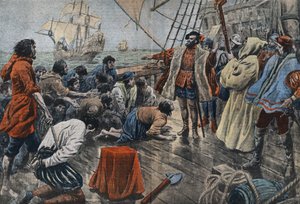 Ilustração da tripulação de Fernão de Magalhães jurando-lhe fidelidade numa cruz após um insucesso motim - Fernão de Magalhães (1480-1521), navegador português acalma uma sedição da sua tripulação e depois de o perdoar fá-lo jurar lealdade