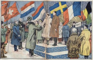 Jogos Olímpicos de Inverno (1932) - cerimônia de encerramento: os patinadores franceses M. e Sra. Brunet Joly (Brunet-Joly), campeões olímpicos, são parabenizados pelo júri. Lake Placid, EUA. Ilustração de Damblans. No "Le Pelerin" de 18 de março de Eugene Damblans