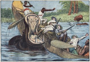 No Lago Vitória, África, um barco ocupado por missionários anglicanos e indígenas é virado por um hipopótamo ferido. Ilustração de Damblans. No "Le Pelerin" de 16 de maio de Eugene Damblans