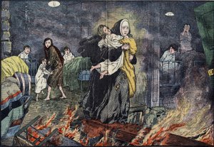 Irmã Marie Gabrielle (Marie-Gabrielle) resgatando uma criança durante o incêndio do orfanato de Bernards Ville (Bernards-Ville), nos Estados Unidos. Ilustração de Damblans em "the Pelerin" de 27 de novembro de Eugene Damblans