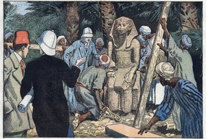 A missão arquéolégica francesa descobre uma estátua do adolescente Sesostris III que será levada ao Louvre. Medamoud, antiga Tebas, Egipto. Ilustração de Damblans. Em "Le Pelerin", de 22 de Novembro. de Eugene Damblans