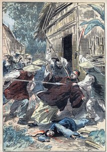 O padre francês Berthollet (1865-1898), sacerdote das Missões Estrangeiras, foi assassinado pelos guardas nacionais chineses perto da cidade de Yun Ngan Cheou (Yun-Ngan-Cheou) a 21 de Abril de 1898. Ilustração de Damblans em "Le Pelerin" de 10 de julho de Eugene Damblans
