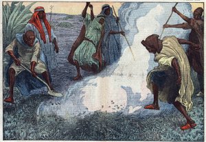 A destruição dos gafanhotos na Argélia: os árabes queimam-nos em meio a gritos e imprecações. Ilustração de Damblans. Em "Le Pelerin" de 4 de Julho de Eugene Damblans