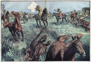 Os cavalos selvagens são abatidos nos Estados Unidos. Ilustração de Damblans. Em "Le Pelerin" de 31 de Janeiro... de Eugene Damblans