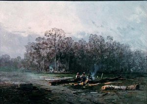 Misty Landscape with Woodcutters (óleo sobre tela) de Eugene Deshayes