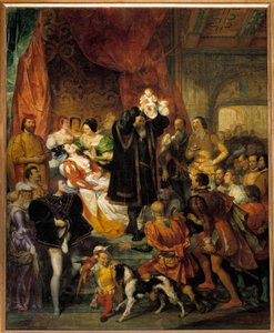 Nascimento do rei Henrique IV em 13-12-1553 no Chateau de Pau Jeanne III, conhecido como Jeanne d "Albret, dá à luz o futuro rei mostra visitantes de seu pai Antoine de Bourbon