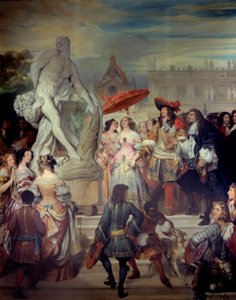 Pierre Puget (1620-1694) apresenta a sua estátua Milon of Crotone a Luís XIV (1638-1715) nos jardins do castelo de Versalhes. Pintura de Eugene Deveria (1808-1865)