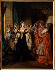 O Divórcio de Henrique VIII: Cardeal Thomas Wolsey (1475-1530) e Catarina de Aragão (1485-1536) em 1533 - Cena da peça "A Famosa História da Vida do Rei Henrique VIII" de William Shakespeare - Pintura de Eugene Deveria (1808-1865)