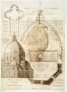 Planta, seção e elevação da Catedral de Florença, de "Fragmentos da Arquitetura da Idade Média e da Renascença", gravada por Jules Adolphe Chauvet (n.1828) de Eugene Duquesne