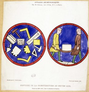 História da construção na Idade Média: Fac-símile de vitrais do século XIII, na Cathedrale de Chartres - Draw by Eugene Viollet-le-Duc (Viollet le Duc) (1814-1879) e com vários símbolos macônicos. de Eugene Emmanuel (after) Viollet le Duc