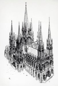 Vista isométrica da catedral ideal, desenho de Eugene Emmanuel Viollet-le-Duc (1814-1879) do Dicionário de Arquitectura Francesa do Século XI ao Século XVI