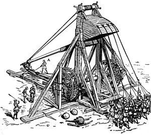 Reconstituição de uma enorme catapulta (tipo contrapeso trebuchet), chamada mangonneau