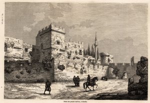 O palácio dos grandes mestres em Rodes, desenho de Eugene Flandin, para ilustrar a sua viagem à ilha de Rodes em 1844. Gravura em "Le tour du monde", editado por Edouard Charton