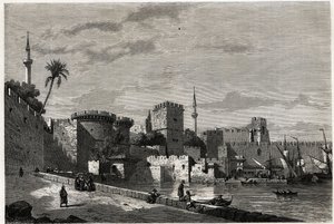 A vista do porto de Rodes e da porta de Aubusson, desenhada por Eugene Flandin, para ilustrar a sua viagem à ilha de Rodes em 1844. Gravura em "Le tour du monde", editado por Edouard Charton de Eugene Flandin