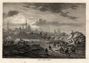 Vista de Mosul (Iraque), nas margens do rio Tigre, desenho de Eugene Flandin, para ilustrar a expedição a Nínive, de 1844 a 1860, de Vivian de Saint Martin. Gravura em "Le tour du monde", editado por Edouard Charton