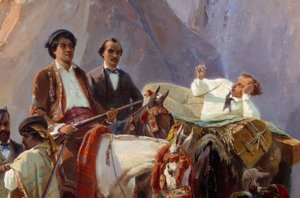 Lembrança da viagem de Paris a Cádiz feita em 1846 por Alexandre Dumas e seus amigos Representação de Alexandre Dumas, pai e filho, Louis Boulanger, Eugene Giraud, A. Maquet e Desbarolles. Detalhe. Pintura de Eugene Giraud (1806-1881) 1846