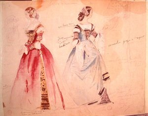 Dois desenhos de fantasias femininas na época da criação de 