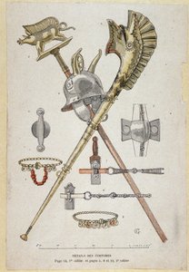 Acessórios do guerreiro Gálico: estandarte decorando um saglier ensina, o capacete e o warhorn (carnyx) - em "Illustrous Teaching Cahiers, War Costumes of the Bronze Age and the Gaulish Age", ed Grasset de Eugene Grasset