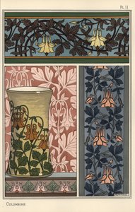 Flor Columbine, Aquilegia vulgaris, em padrões para papel de parede, tecido e vaso de Eugene Grasset
