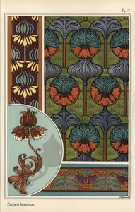 Flor imperial da Coroa, Fritillaria imperialis, em papel de parede e padrões de tecido, e como desenho para uma lâmpada de ferro forjado de Eugene Grasset