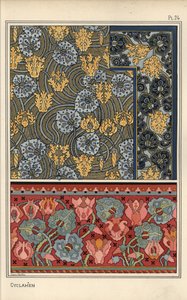 Planta de Cyclamen persicum como motivo em desenhos para tapeçaria, tecido e papel de parede. Litografia de Anna Martin de Eugene Grasset