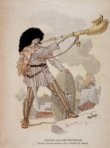 Soldado galego soando do corno de guerra (carnyx) - em "Illustrous Teaching Cahiers, War Costumes of the Bronze Age and the Gaulish Age", ed Grasset de Eugene Grasset