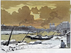 Le pont de Sully, em Paris, neve coberta, uma noite de Janeiro de 1886 - por Grasset de Eugene Grasset