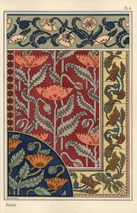 A papoila, Papaver somniferum, em vidro manchado, papel de parede, tecido e padrões de azulejos. Litografia de Marc Mangin de Eugene Grasset