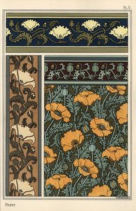 A papoila, Papaver somniferum, em papel de parede e padrões de tecido. Litografia de Verneuil de Eugene Grasset