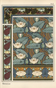 O lírio de água, Nelumbo lutea, em papel de parede e padrões de azulejos de Eugene Grasset