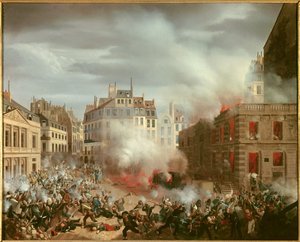 Revolução de 1848: “” Incêndio na praça da torre de água do palácio real em 24 de fevereiro de 1848 ”. Pintura de Eugene Hagnauer de Eugene Hagnauer