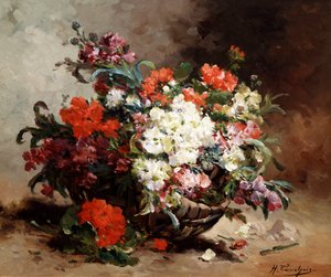 Flores de verão num cesto. Pintura de Eugene Henri Cauchois (1850-1911 francês) Coleção particular