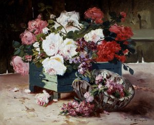 Rosas vermelhas e cor-de-rosa. Pintura de Eugène Henri Cauchois (1850-1911) Coleção particular.
