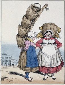 La halle: duas mulheres falando e usando cestas - em "Souvenirs d