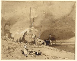 Bord de Plage (Barcos de pesca numa praia, nuvens de tempestade ao longe) de Eugene Isabey
