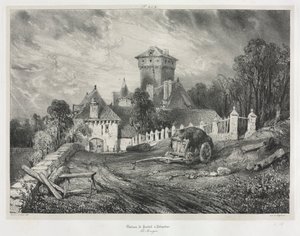 Viagens pitorescas e românticas na velha França: Auvergne (vol. II): Castelo de Pesteil em Polminhac, Placa 202 de Eugene Isabey