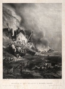 Seis fuzileiros navais: Remontagem de um barco na maré baixa, 1833. de Eugene Isabey