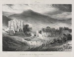 Viagens pitorescas e românticas na França antiga, Auvergne: Ruínas do castelo e vila de Saint Nectaire de Eugene Isabey