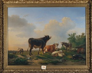 Um touro, uma vaca, um burro, uma cabra, ovelha e aves em uma extensa paisagem, 1849