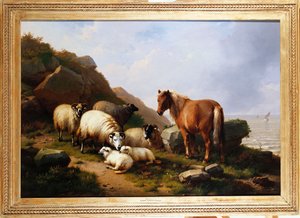 Um pônei e ovelha em um penhasco com um veleiro além, 1868 de Eugene Joseph Verboeckhoven