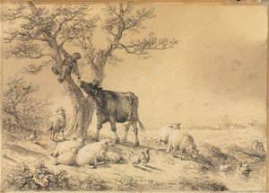 Paisagem com animais e menino na árvore de Eugene Joseph Verboeckhoven